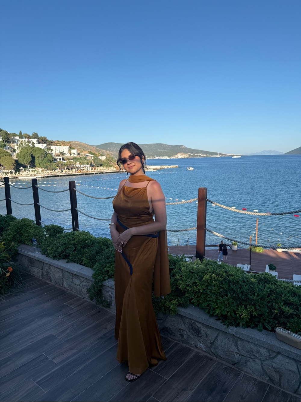 Satin Maxi Slip Dress in Mustard with Navy Trim with Shawl - Picture 4 of 4
